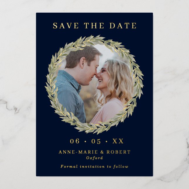 Invitation En Aluminium Laurel Wreath on Navy Photo Wedding Enregistrer la (Recto)