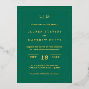 Invitation En Aluminium Lauren Emerald Green Monogramme Mariage élégant