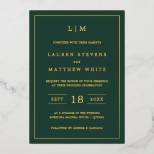 Invitation En Aluminium Lauren Forest Green Monogramme Mariage élégant