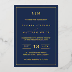 Invitation En Aluminium Lauren Navy Blue Monogramme Mariage élégant
