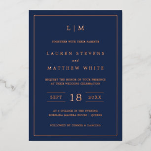 Invitation En Aluminium Lauren Navy Blue Monogramme Mariage élégant