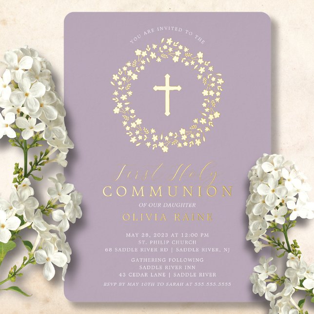 Invitation En Aluminium Lavande Florale Filles Première Communion (Créateur téléchargé)