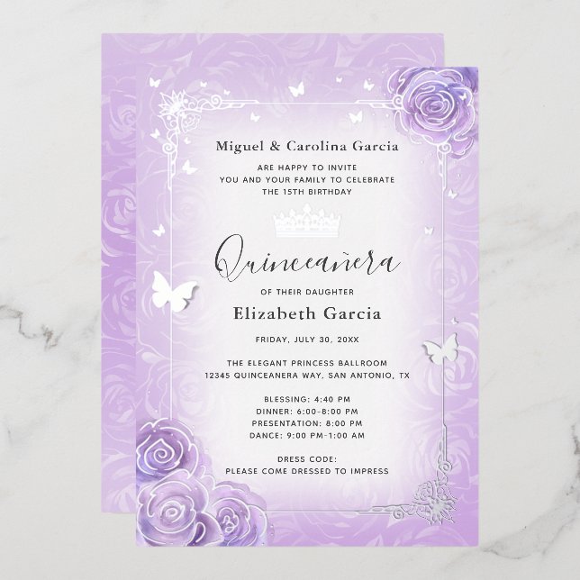 Invitation En Aluminium Lavande Lilac violet Floral Quinceañera Argent (Recto/Verso)