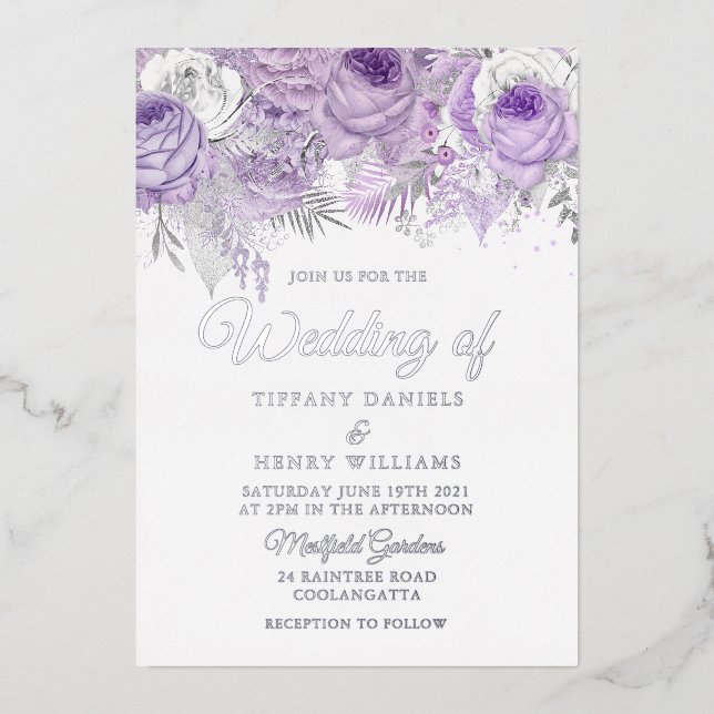 Invitation En Aluminium Lavande Purple Étincelle Florale Mariage Argent (Recto)