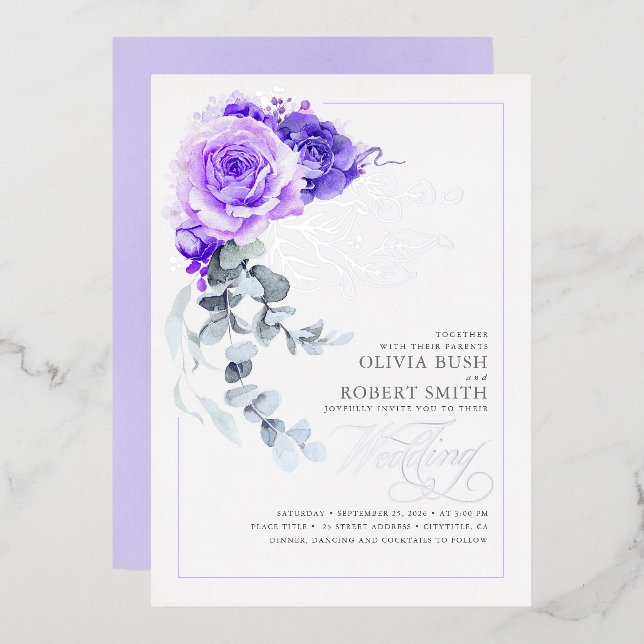 Invitation En Aluminium Lavande violet et huile d'argent Mariage de saumon (Recto/Verso)