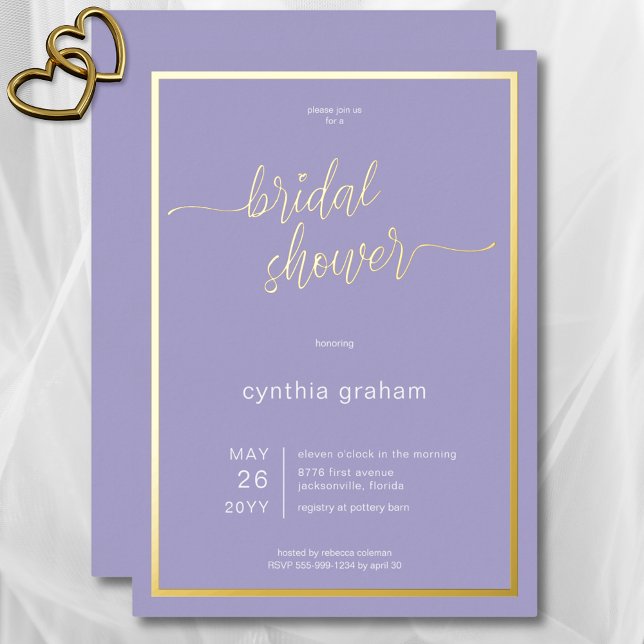 Invitation En Aluminium Lavande violet Fête des mariées minimale moderne (Lavender Purple Modern Minimal Bridal Shower Foil Invitation)