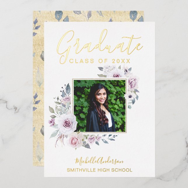 Invitation En Aluminium Lavender Floral Gold Foil Photo Graduation (Recto/Verso)