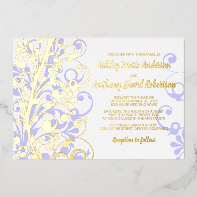 Invitation En Aluminium Lavender Real Gold Foil Mariage Floral (Recto)