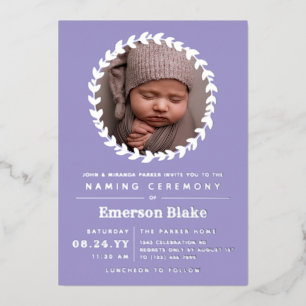Invitation En Aluminium Lavender Silver Wreath Baby Photo Ceremony