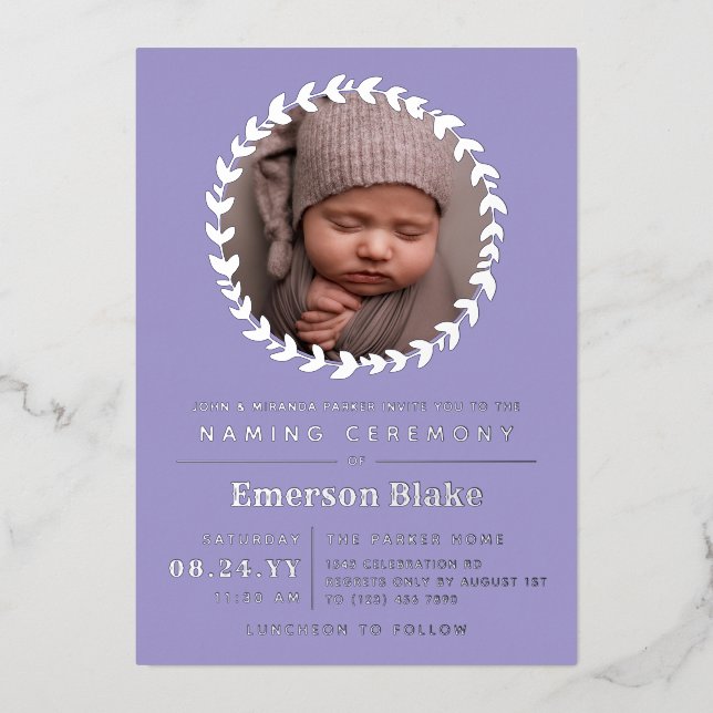 Invitation En Aluminium Lavender Silver Wreath Baby Photo Ceremony (Recto)