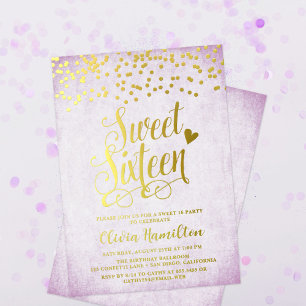 Invitation En Aluminium Lavender Sweet 16 Gold Confetti