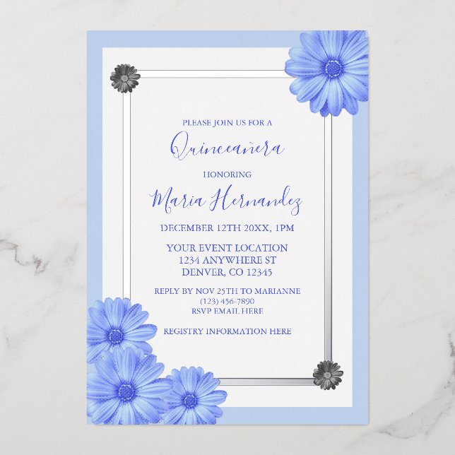 Invitation En Aluminium Léger bleu floral Elégant Quinceanera (Recto)