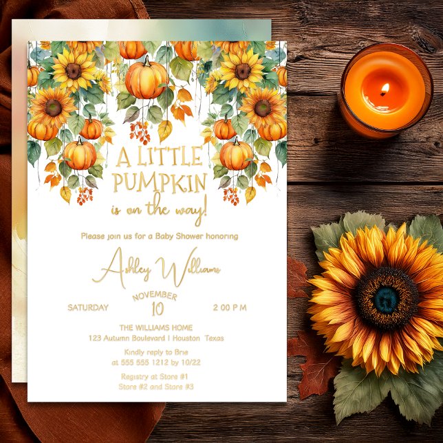 Invitation En Aluminium Les Tournesols Tombent Un Petit Baby shower Citrou (Sunflowers Fall | Autumn "A Little Pumpkin Is On The Way!" Baby Shower Gold Foil Invitation)