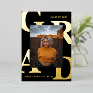 Invitation En Aluminium Lettres Gras Modernes Black Gold Photo Graduation
