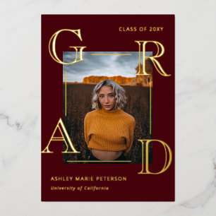 Invitation En Aluminium Lettres modernes Burgundy Grad Gold Photo Graduati