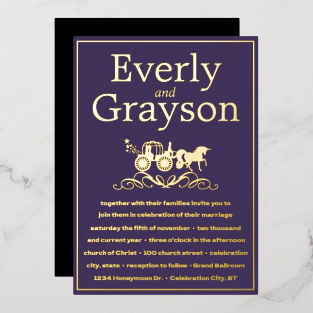 Invitation En Aluminium Licorne Conte de Fées Mariage Violet Or (Recto/Verso)