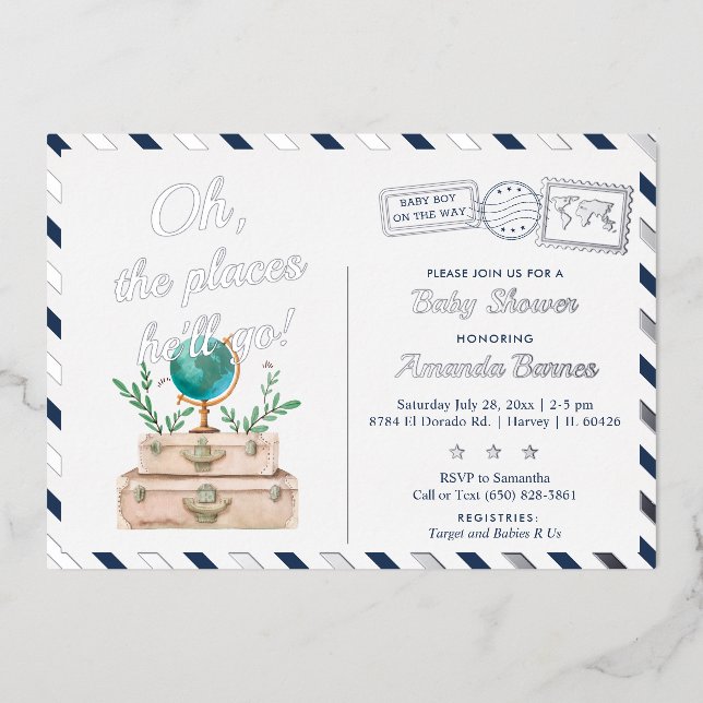 Invitation En Aluminium Lieux Il ira Voyager Bébé Garçon Marine bleu Argen (Recto)