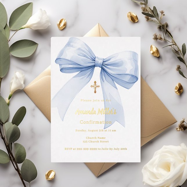 Invitation En Aluminium Light blue bow girl Confirmation gold foil (Créateur téléchargé)