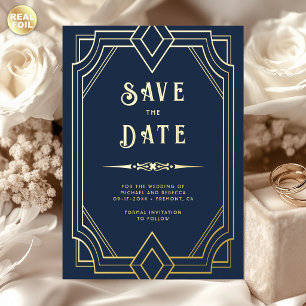 Invitation En Aluminium Ligne Art Déco Bleu Nuit Or Mariage Économisez la