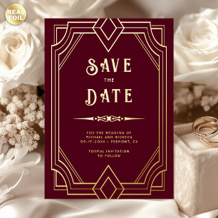 Invitation En Aluminium Ligne Art Déco Mariage Bourgogne Or Save the Date