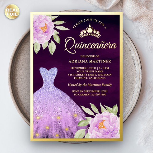 Invitation En Aluminium Lilac Floral Gown violet Quinceanera Or (Créateur téléchargé)