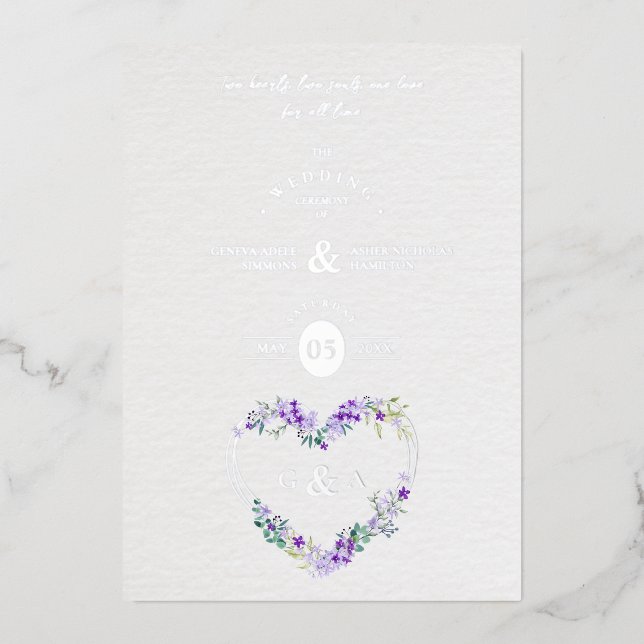 Invitation En Aluminium Lilac Shades Heart Luxury Romantic Botanical  (Recto)