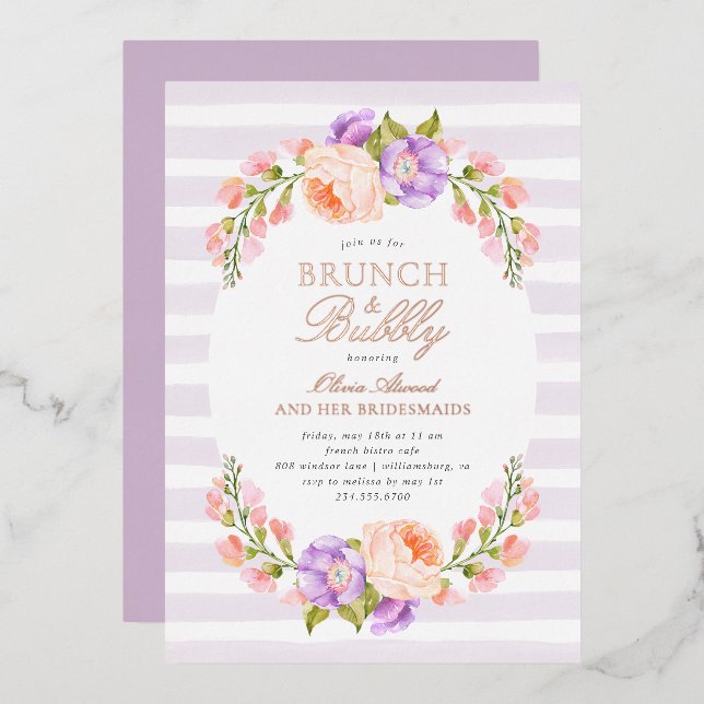Invitation En Aluminium Lilac Stripe et Bloom Bridal Brunch et Bubbly (Recto/Verso)