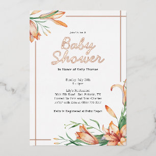 Invitation En Aluminium Lily Floral Orange Aquarelle Élégant Shower de Béb