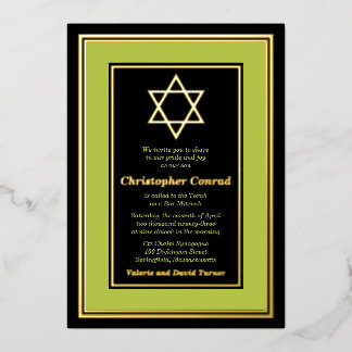 Invitation En Aluminium Lime Green Gold Foil Star de David Bar Mitzvah