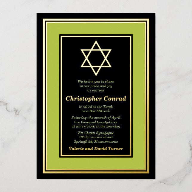 Invitation En Aluminium Lime Green Gold Foil Star de David Bar Mitzvah (Recto)