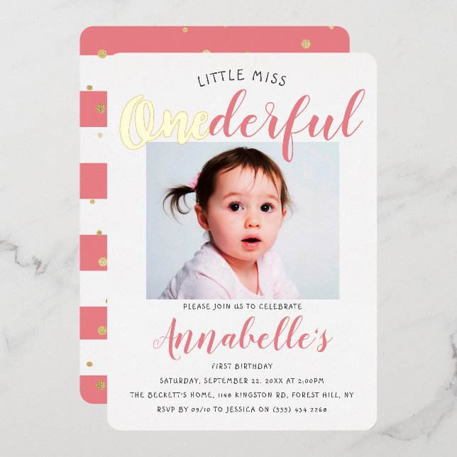 Invitation En Aluminium Little Miss Onederful Photo 1er Anniversaire réel (Recto/Verso)