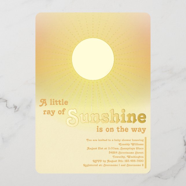 Invitation En Aluminium Little Sunshine Gold Baby shower Sun Foil Invitati (Recto)