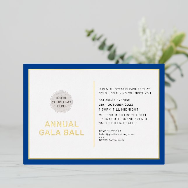 Invitation En Aluminium Logo GALA BALL minima moderne or bleu royal (Debout devant)