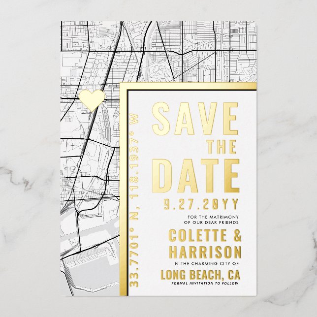 Invitation En Aluminium Long Beach Love Locator | Mariage Épargnez la Date (Recto)