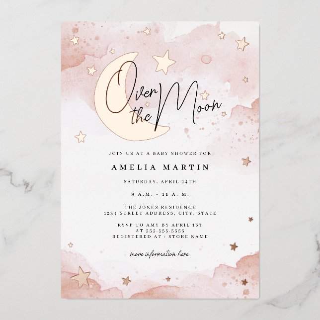 Invitation En Aluminium L'or Rose sur le Baby shower de la Lune (Recto)