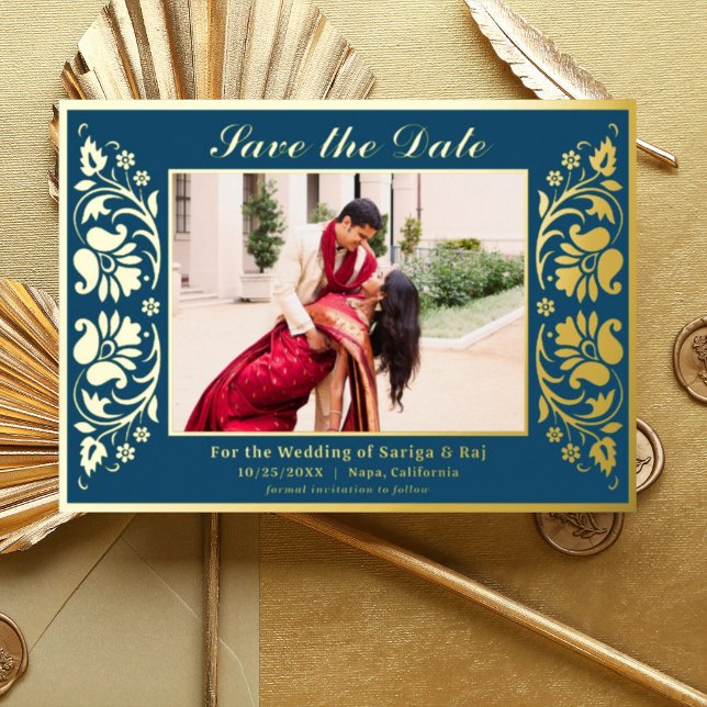Invitation En Aluminium Lotus Flower Indian Save the Date with Photo Gold (Blue Indian wedding save the date card with photo, hindu wedding save the date card, lotus flower)