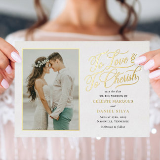 Invitation En Aluminium Love and Cherish FOIL Wedding Save The Date Card