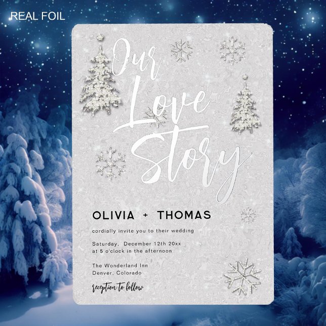 Invitation En Aluminium Love Story Winter Wonderland Snowflakes Mariage (winter wonderland snowflakes pine trees love story wedding invitation elegant romantic silver foil)
