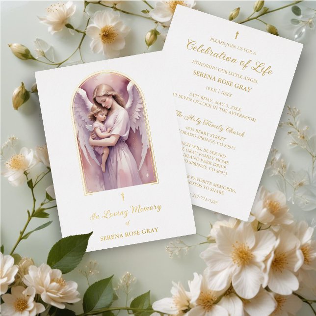 Invitation En Aluminium Lovely Arch Angel Guardian with Baby Gold Funeral (Lovely Arch Effect Angel Guardian with Baby Gold Foil Funeral Invitation Card.)