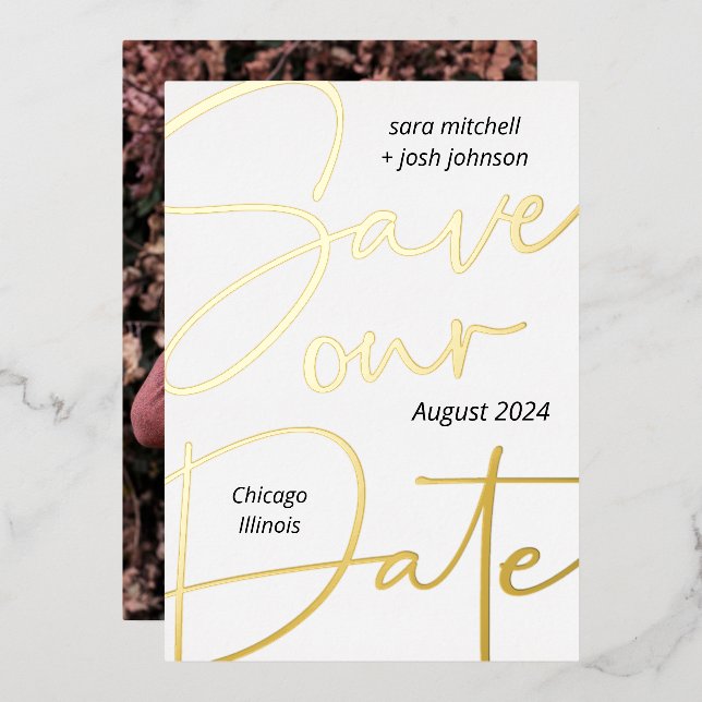 Invitation En Aluminium Lovely Gold Foil Script Minimal Enregistrer la dat (Recto/Verso)