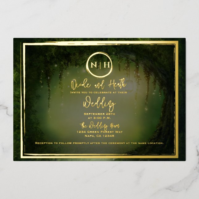 Invitation En Aluminium Lumières de la forêt verte Photo de mariage élégan (Recto)