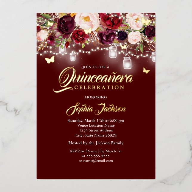 Invitation En Aluminium Lumières florales de Bourgogne Quinceanera (Recto)