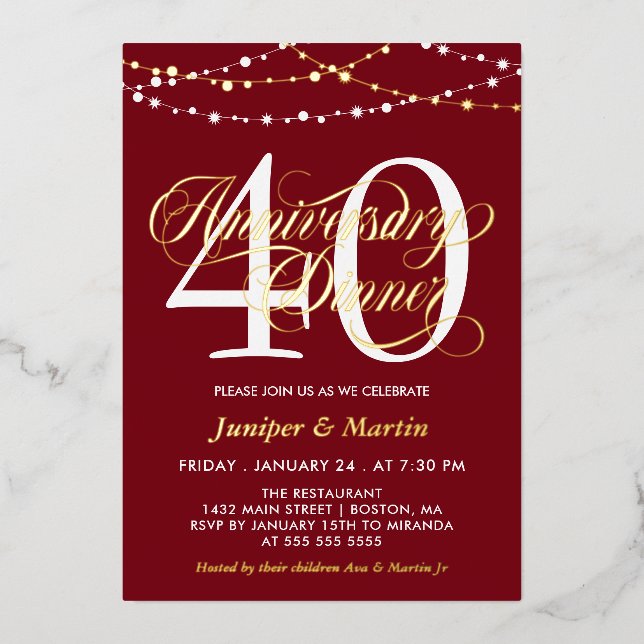 Invitation En Aluminium Lumières Guirlandes Rouges Dîner 40e Anniversaire  (Recto)