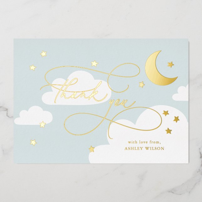 Invitation En Aluminium Lune et Étoiles Bleu Script Bébé Merci (Recto)