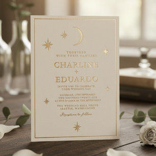 Invitation En Aluminium Lune et étoiles Céleste Starsign Mariage d'or