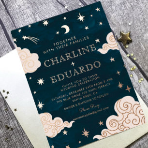 Invitation En Aluminium Lune et étoiles Céleste Starsign Mariage d'or
