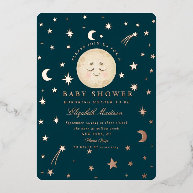 Invitation En Aluminium Lune et étoiles Nuit Baby shower mignet (Recto)