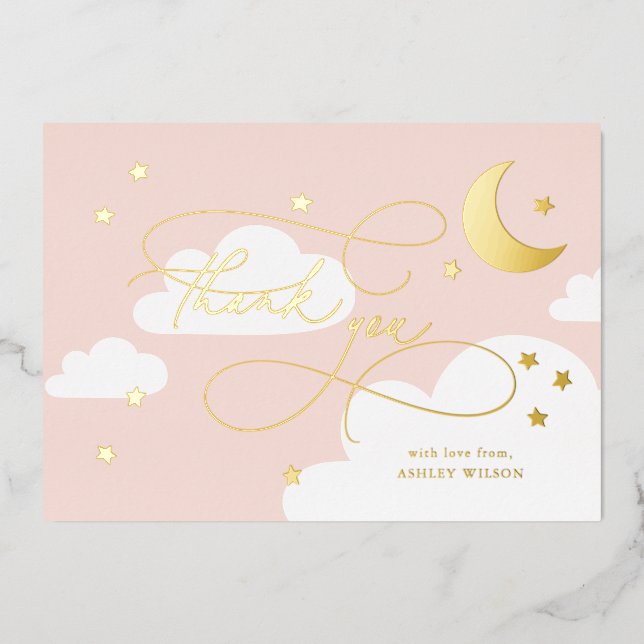 Invitation En Aluminium Lune et Étoiles Rose Script Baby Merci (Recto)