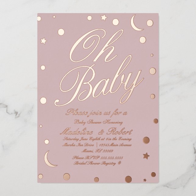 Invitation En Aluminium Lune et points Confetti Baby shower rose (Recto)