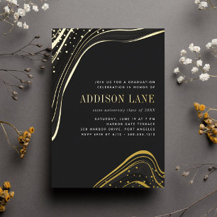 Invitation En Aluminium Luxe Black & Gold Liquid Marble Party de graduatio